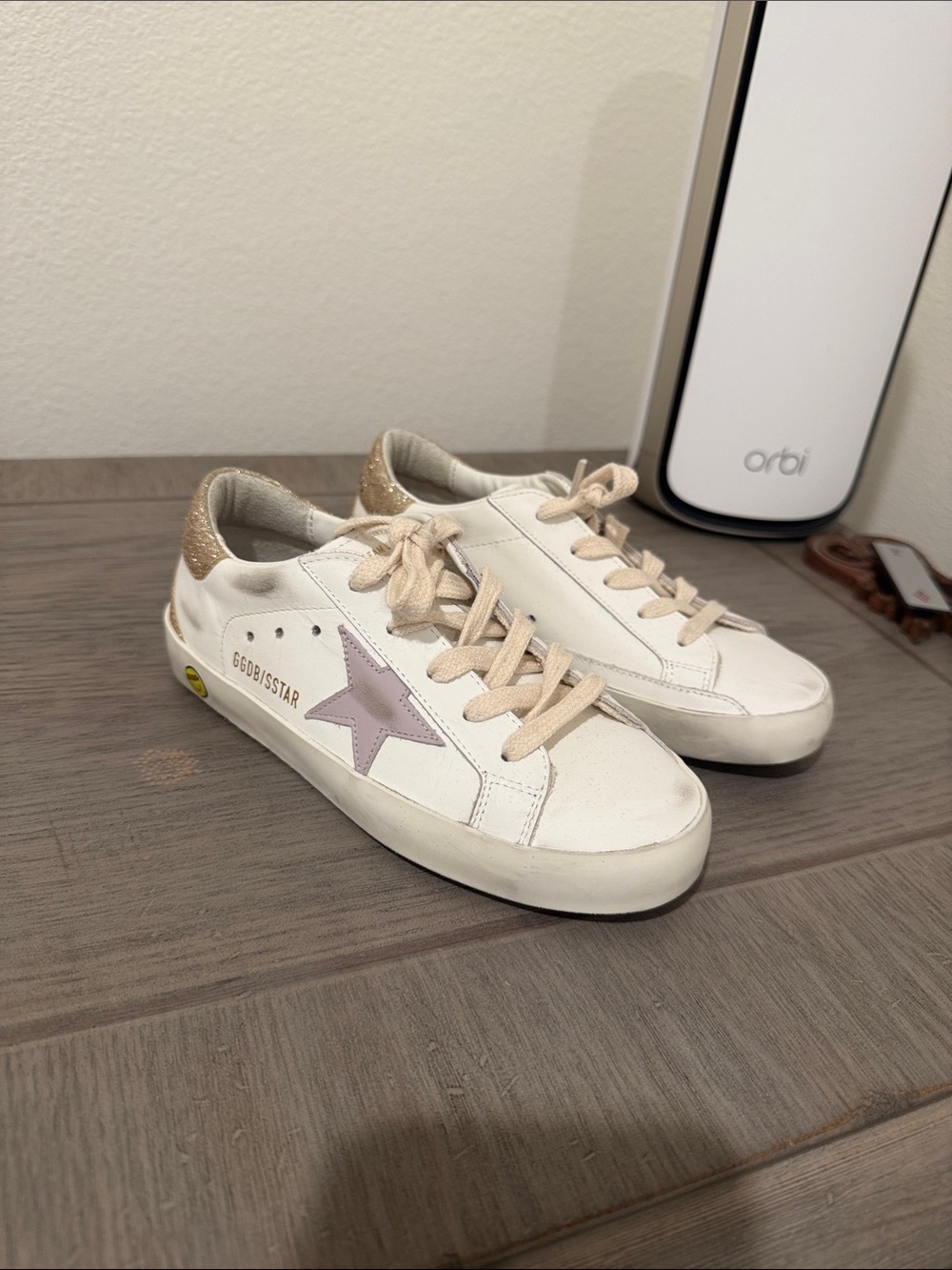Golden Goose Kids White Sneakers with Pink Star and Gold Heel